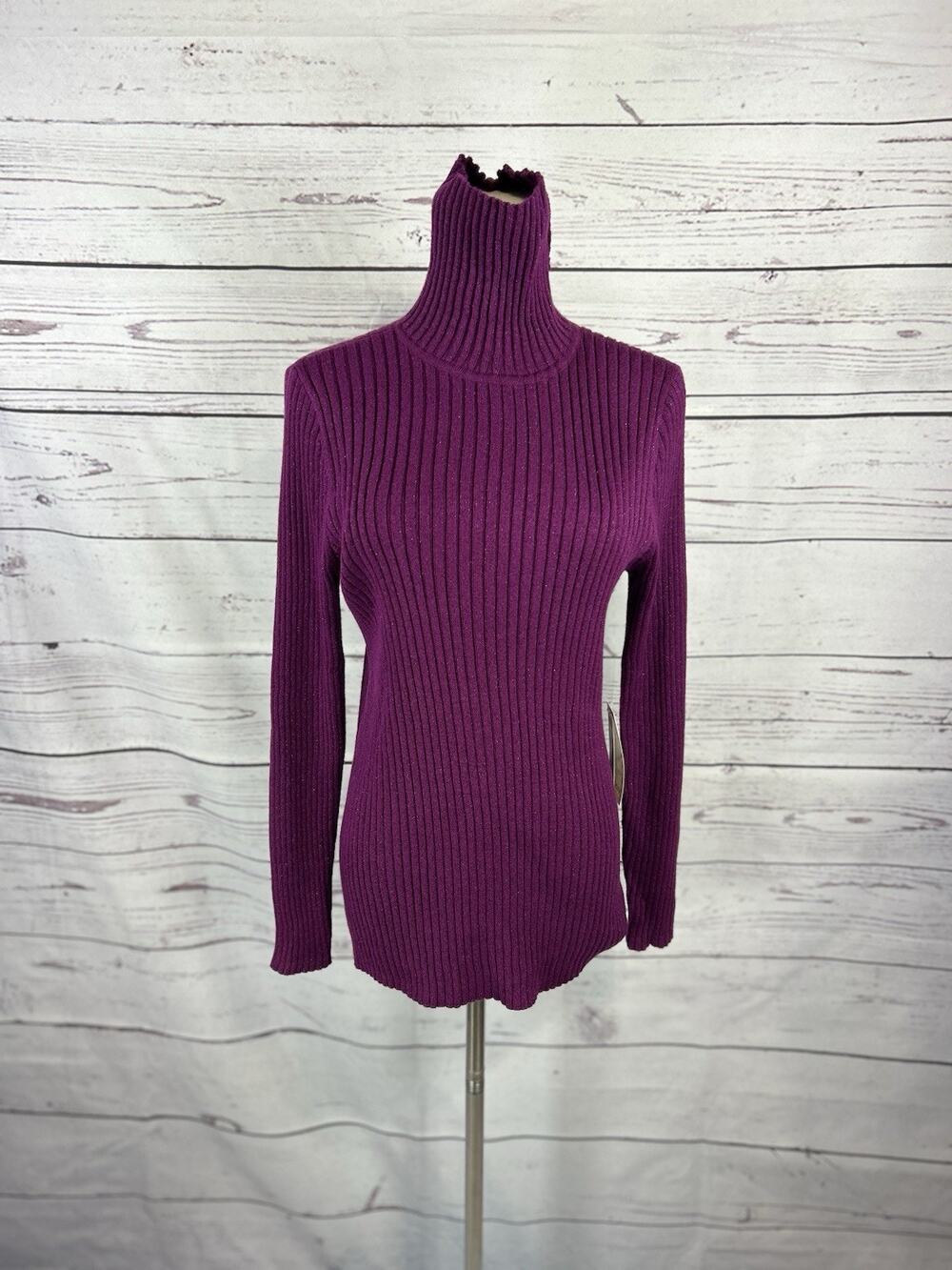 Chico’s Lurex Ribbed Turtleneck Sweater Purple Plum Metallic Size 1 NWT